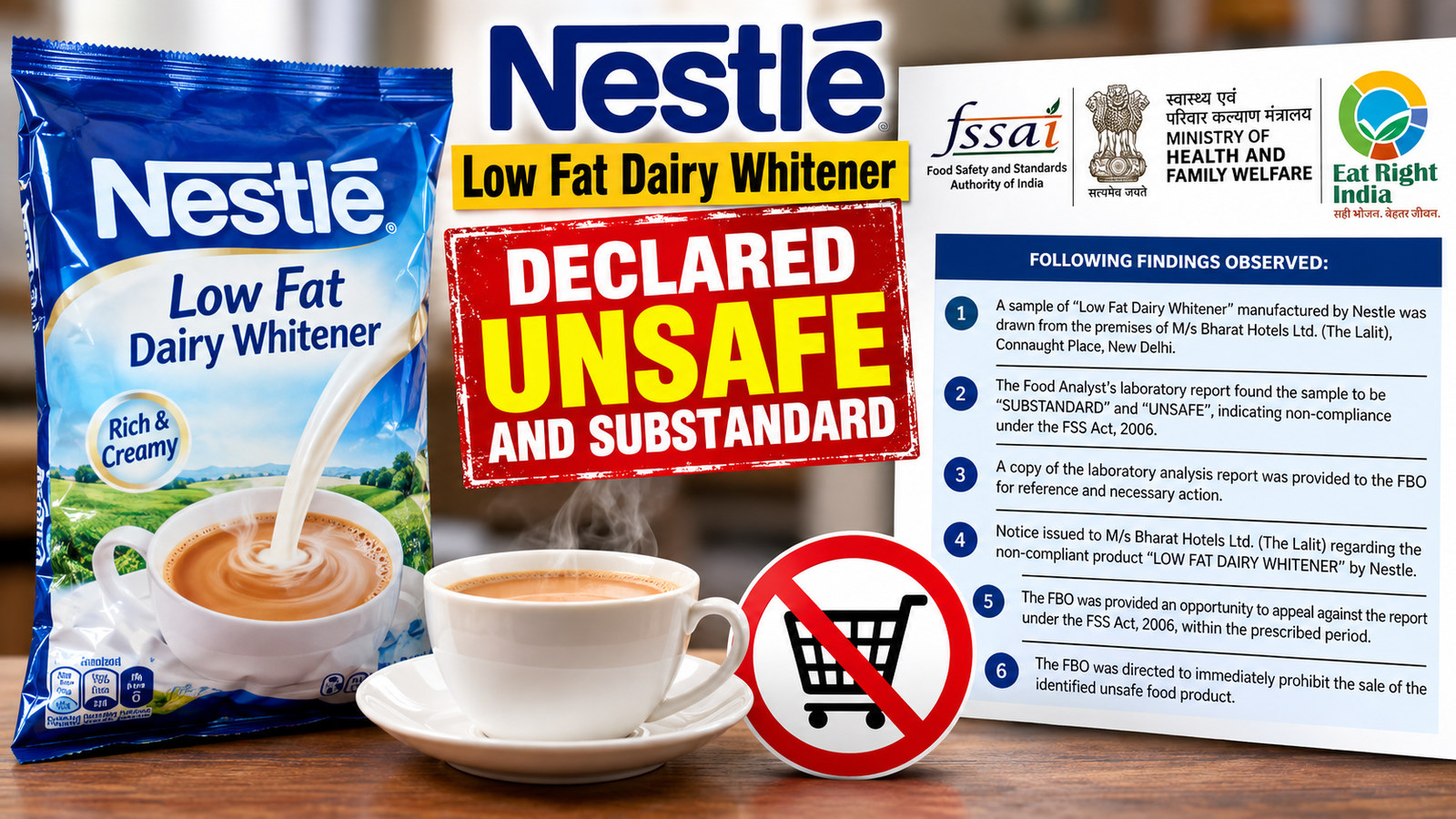 Nestle Low Fat Dairy Whitener Declared Unsafe and Substandard: FSSAI Action Against Product in New Delhi